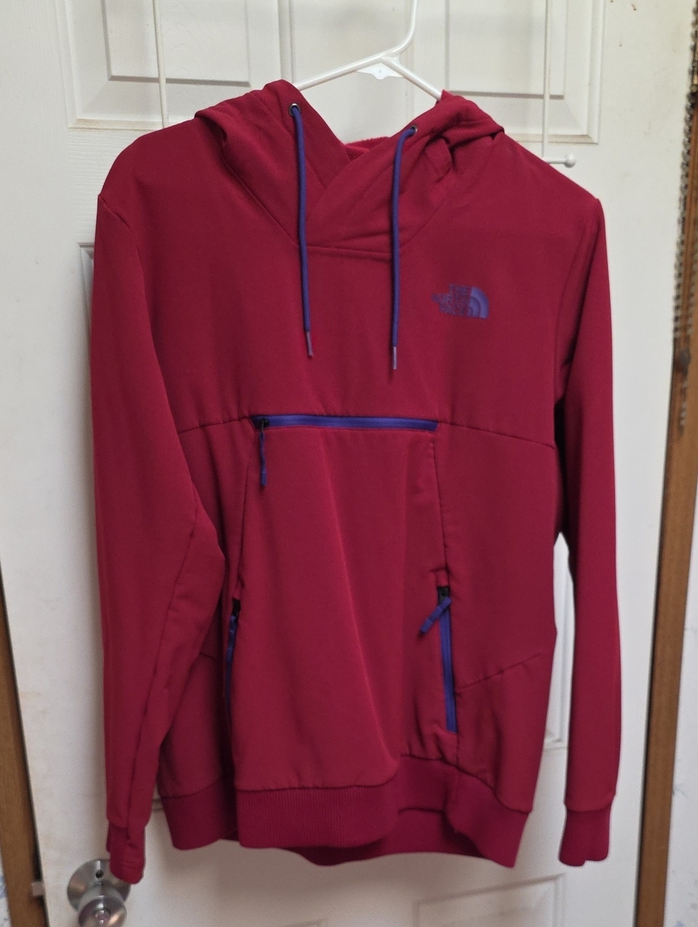 The North Face Men's Hoodie in Deep Red with Blue Accents